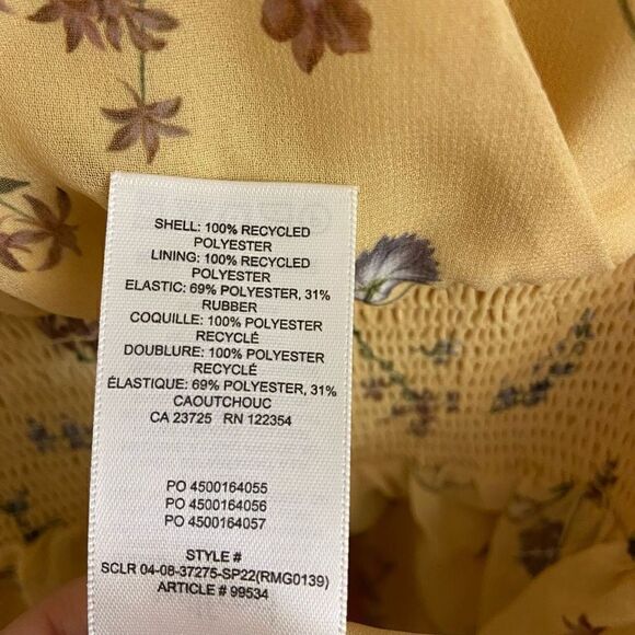 Wilfred Yellow Floral Long Sleeve Chiffon Babydoll Dress Smocked Waist V-neck XS - Picture 4 of 5